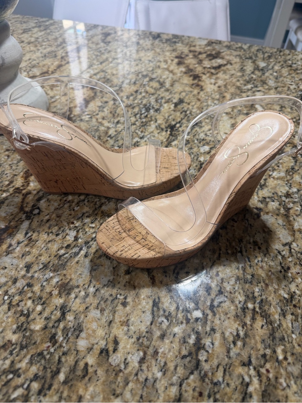Jessica Simpson Clear Strap Cork Wedge Sandals - Nude/Cork